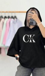 تیشرت باکسی کلاهدار CK زنانه
